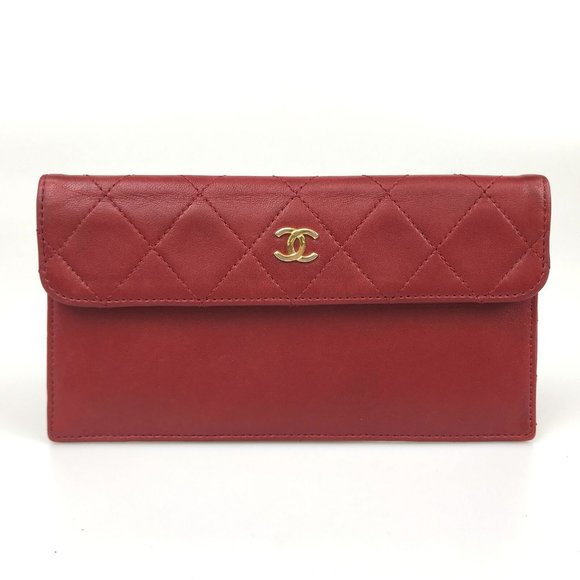 CHANEL Bag Pouch Lambskin Matelasse red Leather Authentic wallet - Picture 1 of 11